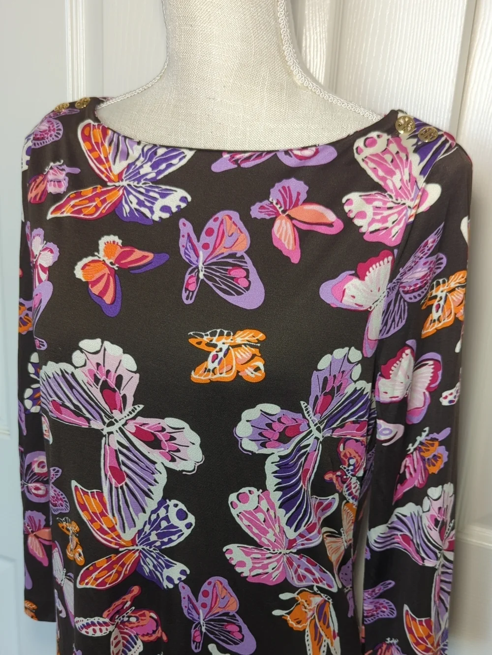 Tory Burch Silk Butterfly Print Long Sleeve Tunic - Brown with Pink & Purple